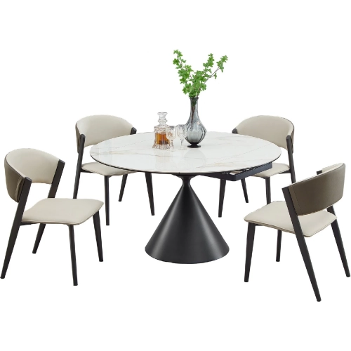Juniper 5 Piece Motion Extension Dining Set in White Stone, Charcoal Steel & Neutral Leatherette