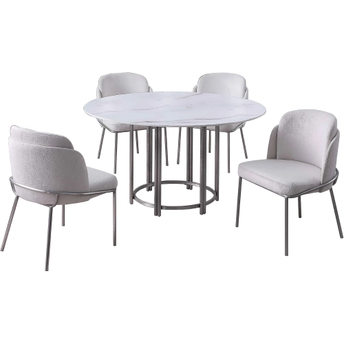 Kamila 5 Piece Dining Set in White Stone, Brushed Stainless Steel & White Fabric
