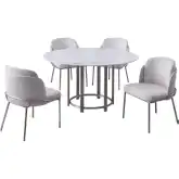 Kamila 5 Piece Dining Set in White Stone, Brushed Stainless Steel & White Fabric