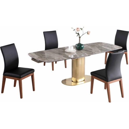 Karla 5 Piece Extension Dining Set in Gray Stone, Brushed Gold &  Black Leatherette