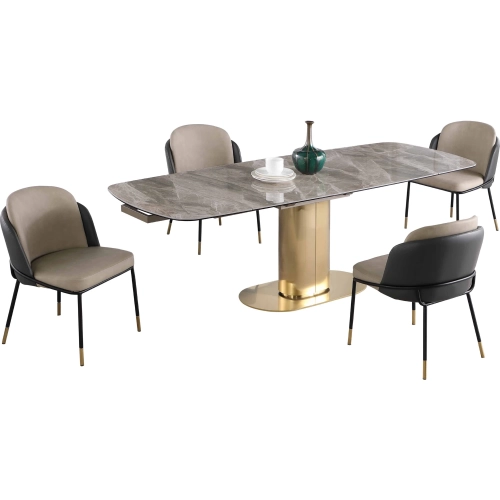 Karla 5 Piece Extension Dining Set in Gray Stone, Brushed Gold & Gray Leatherette