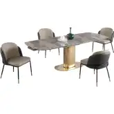 Karla 5 Piece Extension Dining Set in Gray Stone, Brushed Gold & Gray Leatherette