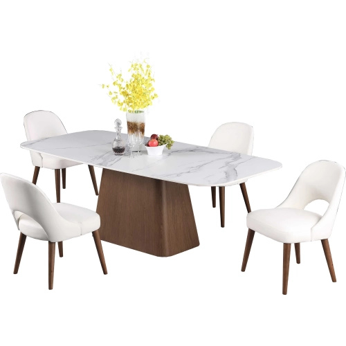 Kenza 5 Piece Dining Set in White Sintered Stone, Walnut Veneer & White Leatherette