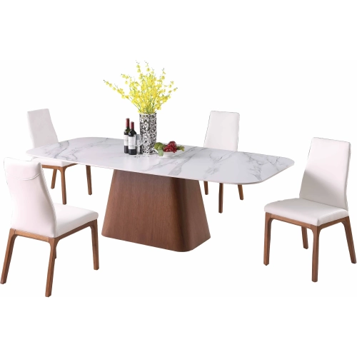 Kenza 5 Piece Dining Set in White Sintered Stone, Walnut Veneer & White Leatherette