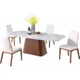 Kenza 5 Piece Dining Set in White Sintered Stone, Walnut Veneer & White Leatherette