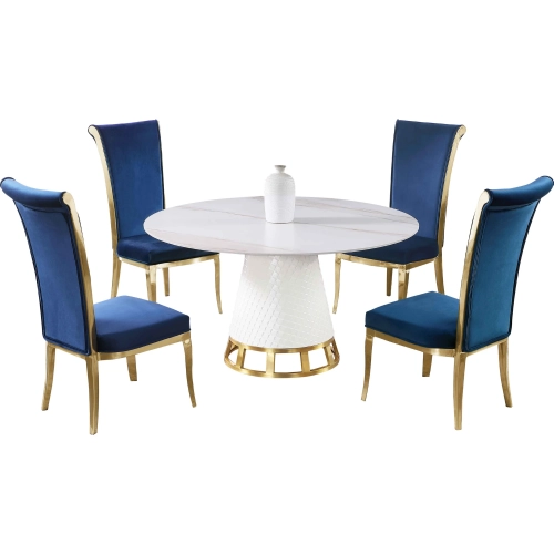 Khloe 5 Piece Dining Set in White Sintered Stone, Brushed Gold, & Blue Velvet