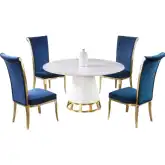 Khloe 5 Piece Dining Set in White Sintered Stone, Brushed Gold, & Blue Velvet