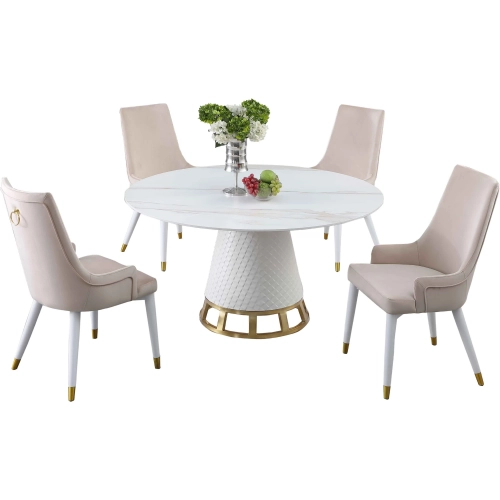 Khloe 5 Piece Dining Set in White Sintered Stone, Brushed Gold, & Beige Velvet
