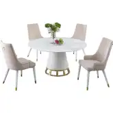 Khloe 5 Piece Dining Set in White Sintered Stone, Brushed Gold, & Beige Velvet