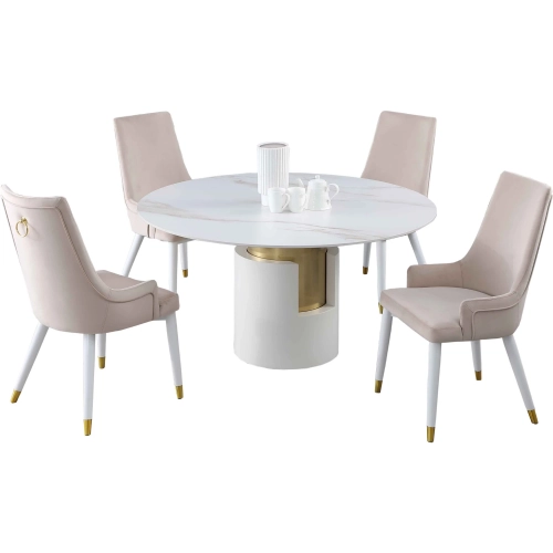 Kiana 5 Piece Dining Set in White Sintered Ston, Brushed Gold & Beige Velvet