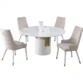 Kiana 5 Piece Dining Set in White Sintered Ston, Brushed Gold & Beige Velvet