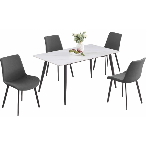 Kingsley 5 Piece Dining Set in White Sintered Stone, Black Steel & Gray Leatherette