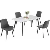 Kingsley 5 Piece Dining Set in White Sintered Stone, Black Steel & Gray Leatherette