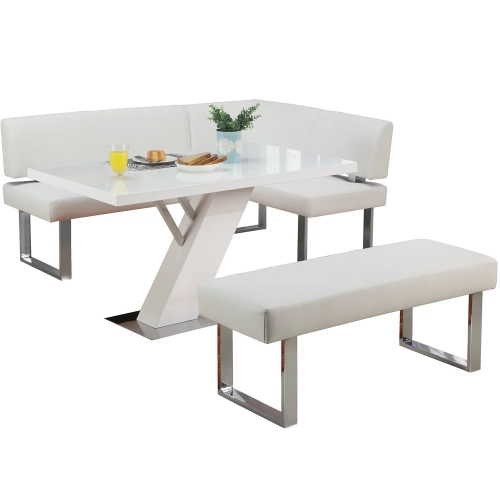 Linden Dining Nook Set in Gloss White & Polished Stainless with Leatherette