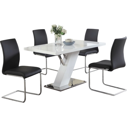 Linden 5 Piece Dining Set in White Gloss, Stainless Steel & Black Leatherette