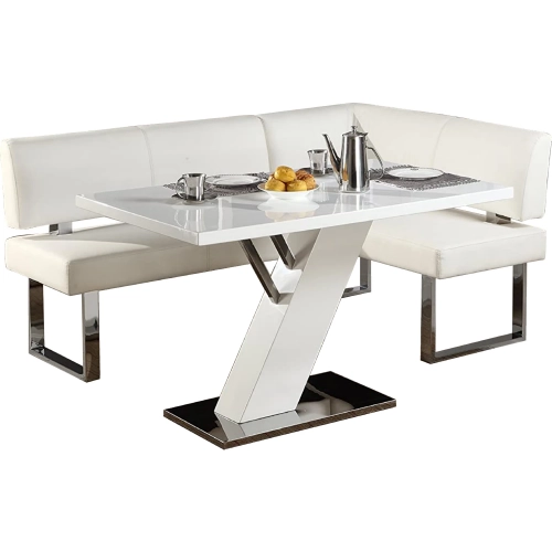 Linden 2 Piece Dining Nook Set White Gloss, Stainless Steel & White Leatherette
