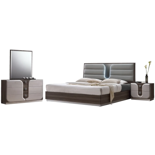 London 4 Piece Queen Bedroom Set in Zebra Wood, Gloss Gray & Gray Leatherette