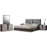London 5 Piece Queen Bedroom Set in Zebra Wood, Gloss Gray & Gray Leatherette