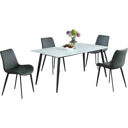 Mary 5 Piece Dining Set in White Sintered Stone, Black Steel & Gray Leatherette