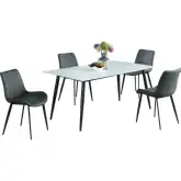 Mary 5 Piece Dining Set in White Sintered Stone, Black Steel & Gray Leatherette