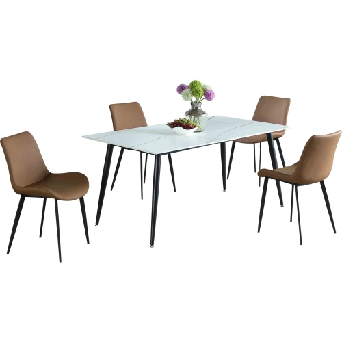 Mary 5 Piece Dining Set in White Sintered Stone, Black Steel & Rust Leatherette
