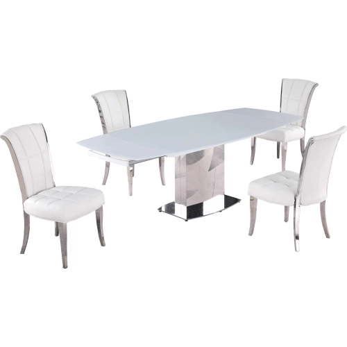 Mavis 5 Piece Extension Dining Set in White Glass, Stainless Steel & White Leatherette
