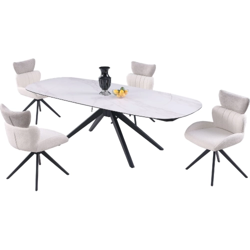 Nicole 5 Piece Extension Dining Set in White Stone, Black Steel & Neutral Fabric
