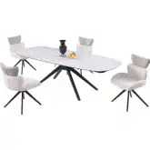 Nicole 5 Piece Extension Dining Set in White Stone, Black Steel & Neutral Fabric