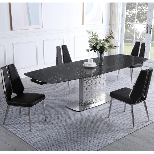 Nora 5 Piece Extension Dining Set in Textured Black Glass, Steel & Black Leatherette