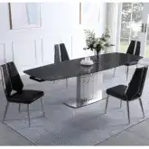 Nora 5 Piece Extension Dining Set in Textured Black Glass, Steel & Black Leatherette