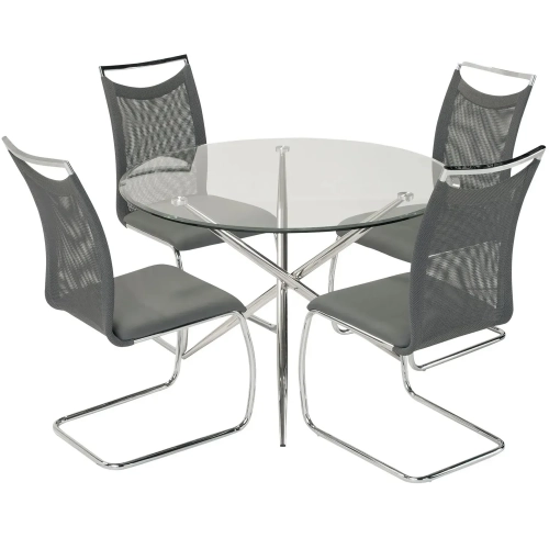 Patricia 5 Piece Round Dining Set in Glass, Stainless Steel, Gray Mesh & Leatherette