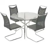 Patricia 5 Piece Round Dining Set in Glass, Stainless Steel, Gray Mesh & Leatherette