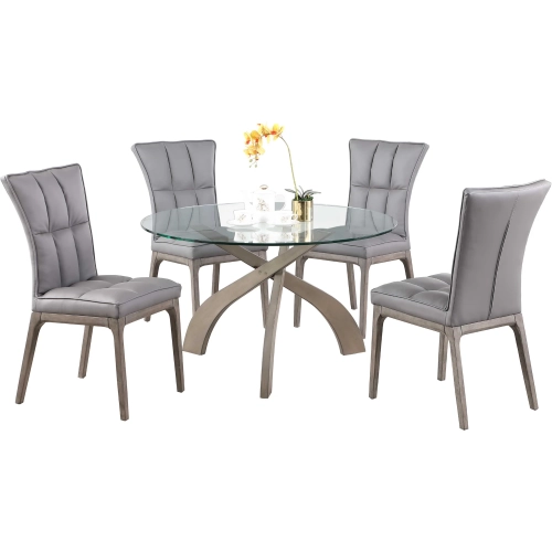Peggy 5 Piece Dining Set in Glass, Gray Wood & Gray Leatherette
