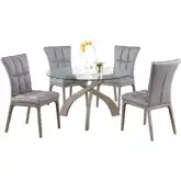 Peggy 5 Piece Dining Set in Glass, Gray Wood & Gray Leatherette
