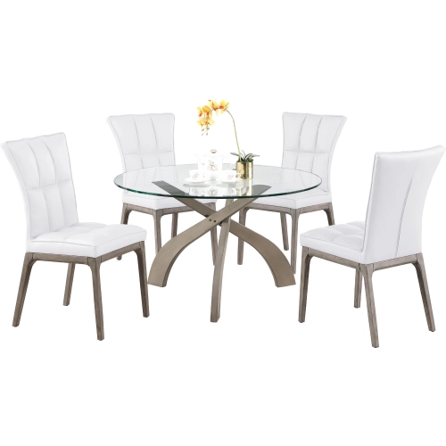 Peggy 5 Piece Dining Set in Glass, Gray Wood & White Leatherette
