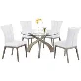 Peggy 5 Piece Dining Set in Glass, Gray Wood & White Leatherette