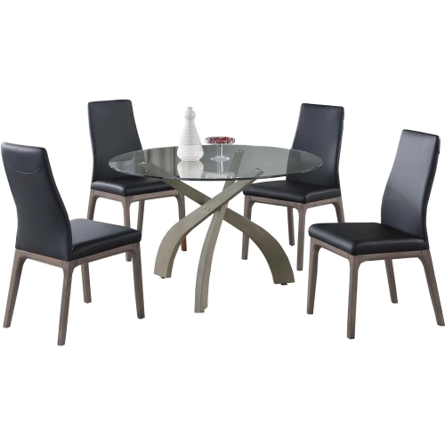 Peggy 5 Piece Dining Set in Glass, Gray Wood & Black Leatherette