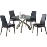 Peggy 5 Piece Dining Set in Glass, Gray Wood & Black Leatherette