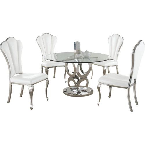 Raegan 5 Piece Dining Set in Glass, Stainless Steel & White Leatherette