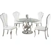 Raegan 5 Piece Dining Set in Glass, Stainless Steel & White Leatherette
