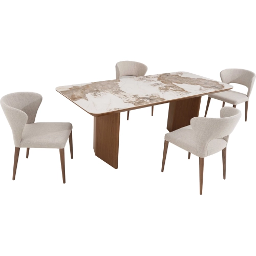 Ruby 5 Piece Dining Set in White Multicolor Ceramic, Walnut Veneer & Taupe Fabric