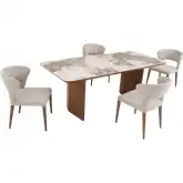 Ruby 5 Piece Dining Set in White Multicolor Ceramic, Walnut Veneer & Taupe Fabric