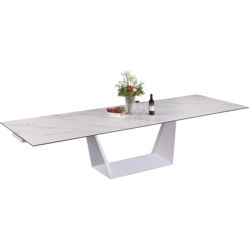 Scarlette 87" Extension Dining Table in White Marbleized Sintered Stone & White Steel