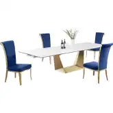 Scarlette 5 Piece Extension Dining Set in White Ceramic, Brushed Gold & Blue Velvet