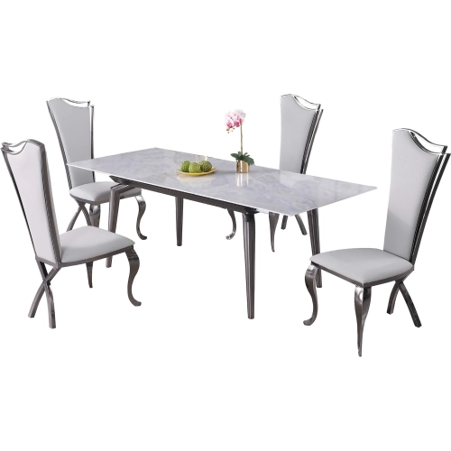 Tabatha 5 Piece Extension Dining Set in Gray Stone, Graphite Steel & Gray Leatherette