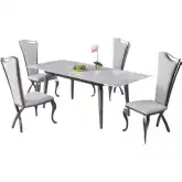 Tabatha 5 Piece Extension Dining Set in Gray Stone, Graphite Steel & Gray Leatherette