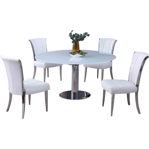 Tami 5 Piece Motion Extension Dining Set in White Glass, Stainless & White Leatherette