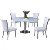 Tami 5 Piece Motion Extension Dining Set in White Glass, Stainless & White Leatherette