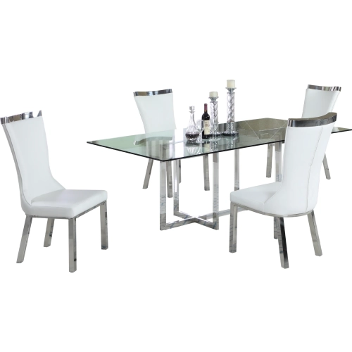 Yasmin 5 Piece Dining Set in Glass, Steel, Acrylic & White Leatherette