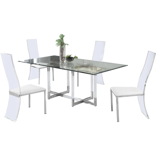 Yasmin 5 Piece Dining Set in Glass, Steel, Acrylic & White Leatherette